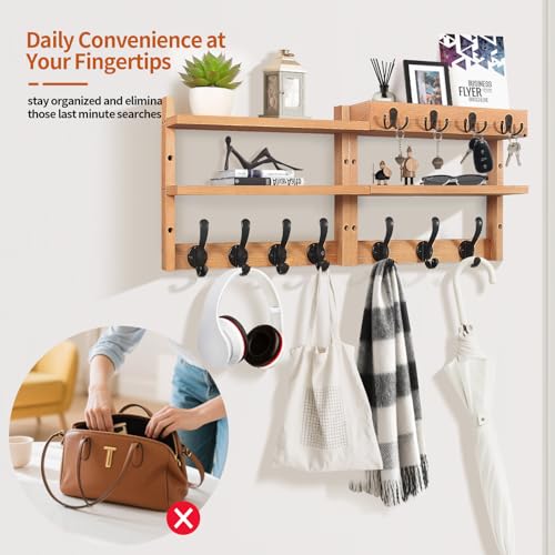 29" Coat Rack Wall Mount with Shelf, Pine Two-Tier Wall Shelf Mounted Coat and Key Hanger with 7 Heavy Duty Hooks 4 Key Hooks, Entryway Key Holder with Mail Holder for Bedroom,Living Room (Wood) - color: Wood Pine
