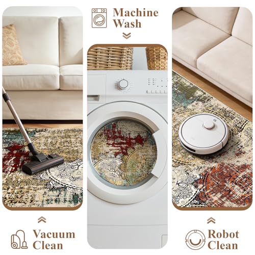 Washable 4x5 Area Rug Abstract: Red Soft Non-slip Mat Bathroom Households | Low Pile Mandala Floor Carpet Easy Cleaning Bedside Accent Small Entryway Foyer Kitchen Spot mat Apartment Condo Dwellers - color: Red/Green/Multi, size: 4' x 5' (Rectangular)