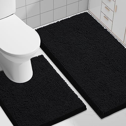 Smiry Chenille Bathroom Rugs Sets 2 Piece (30x20+ U Shape 24x20, Black) | Soft Absorbent Machine Washable Non Slip Shaggy Bath Rug Set for Tub, Shower, and Floor, Home Decor - color: Black, size: 30"X20"+ U Shape 24"X20"