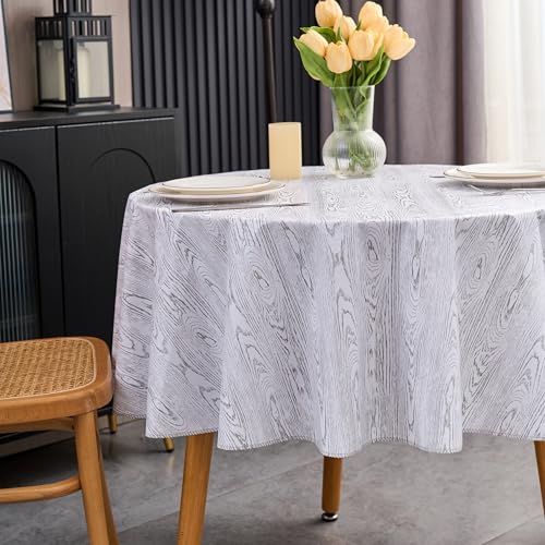 Pioggia Vinyl Tablecloth with Flannel Backed Round Waterproof Oil-Proof PVC Table Cloth Wipeable Spill-Proof Plastic Table Cover for Indoor and Outdoor - color: Greyish White Grain, size: 60" (Round)