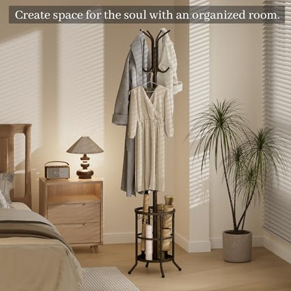 Coat Rack Freestanding With Umbrella Holder – Metal Hall Tree with 12 Hooks, Entryway Organizer for Hats, Bags, and Clothes (Brown) - color: Brown