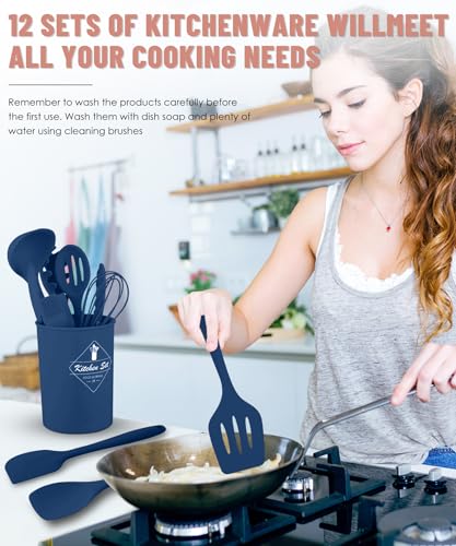 Blue Kitchen Utensils Set-12 Pieces Silicone Cooking Utensils Set | Dishwasher Safe 392°F Heat Resistant Spatula Set Kitchen Utensil Set for Nonstick Cookware,Best Kitchen Tools with Holder - color: Blue