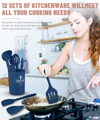 Blue Kitchen Utensils Set-12 Pieces Silicone Cooking Utensils Set | Dishwasher Safe 392°F Heat Resistant Spatula Set Kitchen Utensil Set for Nonstick Cookware,Best Kitchen Tools with Holder - color: Blue