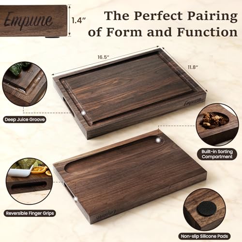 Empune Black Walnut Wood Cutting Boards for Kitchen Wooden Cutting Board with Handle, Chopping Board with Built-in Juice Groove & Well, Heavy-duty Charcuterie Board Butcher Block, 16.5x11.8x1.4 Inches - color: Black Walnut