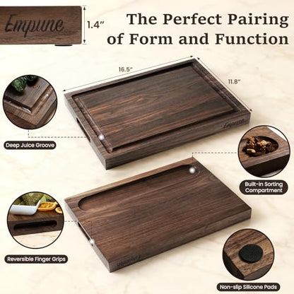 Empune Black Walnut Wood Cutting Boards for Kitchen Wooden Cutting Board with Handle, Chopping Board with Built-in Juice Groove & Well, Heavy-duty Charcuterie Board Butcher Block, 16.5x11.8x1.4 Inches - color: Black Walnut