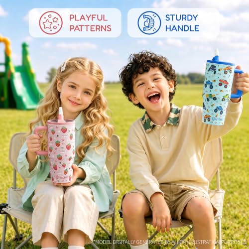 Fimibuke 20oz Kids Insulated Tumbler with Handle, Toddler Water Bottle | Leakproof 18/8 Stainless Steel Cups w/ Flip Straw Lid & Silicone Straw, BPA Free Water Bottle Kids School Gift for Boys Girls - color: Dinosaur & Monster Trucks
