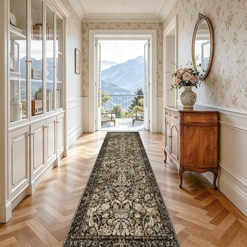 Vintage Floral Runner Rug 2x10: Washable Non-Slip Long Carpet Hallway Brown | Easy Clean Stain Resistant - Oriental Home Decor - Low-Profile 0.2in Fits Under Doors - Perfect for Entrance Hallway Kitchen - color: Brown and Gold, size: 2' x 10' (Runner)