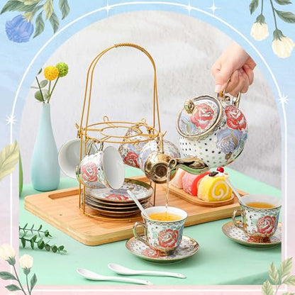 Zhehao 20 Pcs Porcelain Tea Set with Metal Holder and Spoon Adult Ceramic Tea Set European Flower Painting Teapot Cup Saucer Spoon for Women Mom Gift, Large Version (Romantic Style) - color: Romantic Style