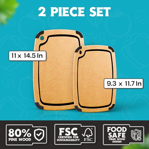 Dishwasher Safe Cutting Boards for Kitchen - Set of 2 Composite Wood Cutting Boards with Juice Groove, Non Slip Feet, Non Porous Chopping Boards, Heat Resistant up to 350°F (14.5x11 + 11.7x9.3 Inch) - color: Natural with Black Grooves