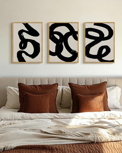 PHOPAGO Black Abstract Modern Framed Wall Art Ink Wash Minimalist Thick Black Lines Paints Artwork Bedroom Living Room Home Decor - 12x16in Natural Framed - color: Black Ink Wash, size: 16L" x 12W" x 3 Pcs Natural