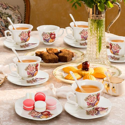 Pumtus Tea Cups and Saucers Set of 6, 8 OZ Vintage Ceramic Teacups with Spoon, Floral Rose British Coffee Mug, Elegant Bone China Cup Gift Set for Cappuccino, Espresso, Latte, Afternoon Tea Party