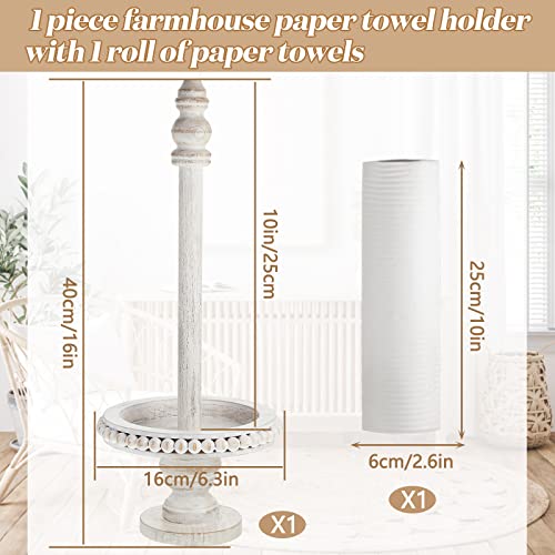 Farmhouse Paper Towel Holder Kitchen Countertop Wood Paper Towel Stand, Standing Paper Towel Dispenser Rack, White Washed Beaded Roll Paper Towel Stand and Non Woven Paper Towel for Kitchen Toilet