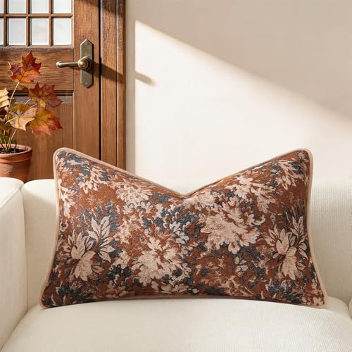 Kevin Textile Vintage Floral 12"x20" Pillow Cover 1 Pack, Burnt Orange | Soft Neutral Retro Flowers Embroidered Texture Lumbar Pillow Cover Accent Decorative Pillowcase for Couch Sofa Chair Bed - color: Burnt Orange, size: 20" x 12" (Pack of 1)