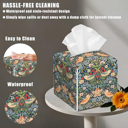 Strawberry Thief Tissue Box Cover Square, William Morris Tissue Box Holder with Bottom Belt Leather Facial Paper Organizer Dispenser for Bathroom Bedroom Dresser Night Stand Tabletop - color: Strawberry Thief