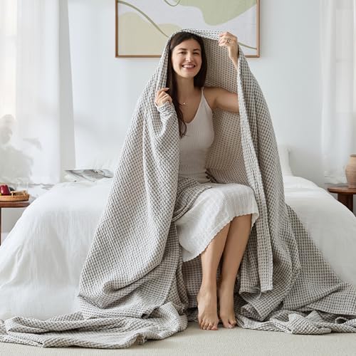 EGOHOME Cotton Two-Tone Check Pattern Waffle Blanket King Size | Gray/White, 108"x90", Lightweight Soft & Breathable for Bed, Couch, Sofa, All Seasons - color: Gray/White, size: King