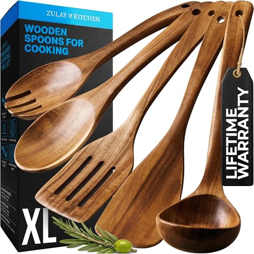 Zulay Kitchen Extra-Large 5-Piece Wooden Spoon Set - Smooth Teak Cooking Utensils - Comfort-Grip Non-Stick Turner, Spatula, Skimmer, Fork, Serving Spoon - size: 5 Piece | Large