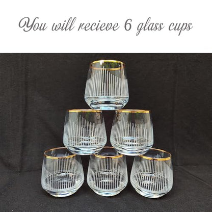 Gold Rim Cocktail Wine Whiskey Drinking Glasses Set of 6 Glassware Rimmed Trim Crystal Cups Juice Water Drinkware Drinks Bar Fancy Party Wedding Vertical Striped - color: Gold 2