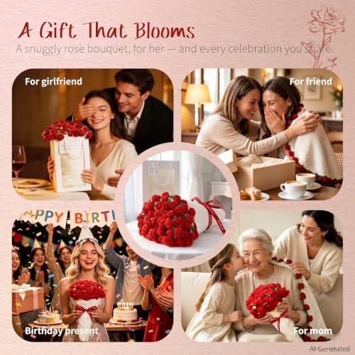 Crochet Rose Bouquet Blanket Shawl for Women, Handmade Chunky Knit Red Flower Throw Blankets Wrap with Gift Box, Creative Mother's Day Birthday for Her Mom Wife Girlfriend, 43"X43"