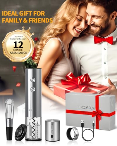 CIRCLE JOY Electric Wine Opener Rechargeable 5-in-1 Stainless Steel Wine Gift Set with Foil Cutter, Wine Aerator Pourer, Wine Drip Ring & Vacuum Stopper, Ideal Gifts for Wine Lovers, Silver - color: 5-in-1 Silver