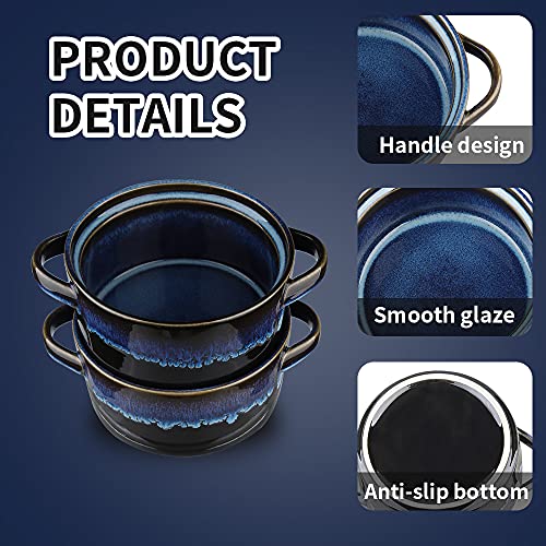 KOOV Porcelain Soup Bowls With Handles Microwave Safe, Soup Bowls Large, 24 Ounce for Soup, Cereal, Stew, French Onion Soup Bowl, Reactive Glaze Set of 4 (Nebula Blue)
