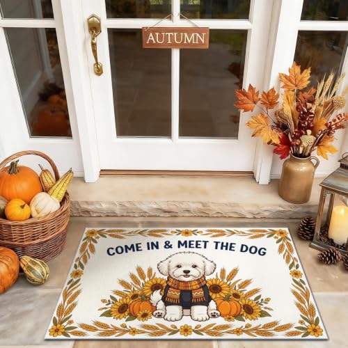 Dog Welcome Door Mat, Seasonal Welcoming Pumpkins Sunflower Autumn Orange Non-Slip Dirt Trapper Decorative Doormat Entryway Decor for Front Porch Bathroom Office 29x17 Inch