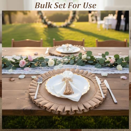 18 Pack Round Burlap Placemats Wood Bead Napkin Rings with Dinner Napkins Cloth, Jute Heat Resistant Placemats Boho Wooden Rings for Plates Wedding Dining Table