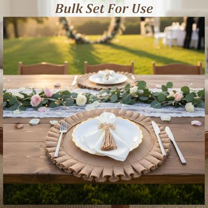 18 Pack Round Burlap Placemats Wood Bead Napkin Rings with Dinner Napkins Cloth, Jute Heat Resistant Placemats Boho Wooden Rings for Plates Wedding Dining Table