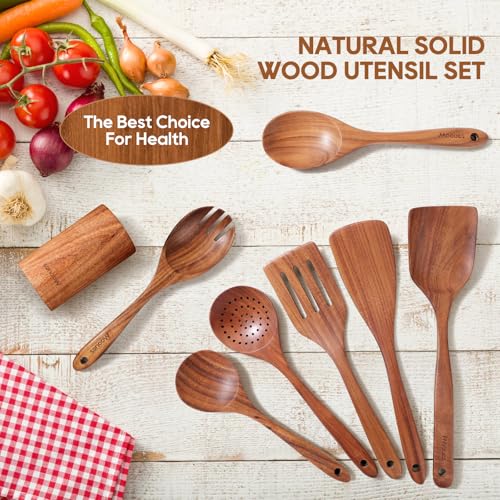 Mooues Wooden Spoons for Cooking Wooden Utensils for Cooking | Natural Teak Wooden Kitchen Utensils Set Comfort Grip (8 PCS SET) - size: 8 PCS SET