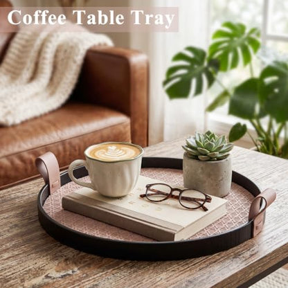 12 Inch Round Ottoman Tray, Woven Leather Decorative Tray,Brown | PU Leather Texture, Smooth Handles, Waterproof Surface, Easy Care Design, Coffee Table Accent, Living Room Home Decor