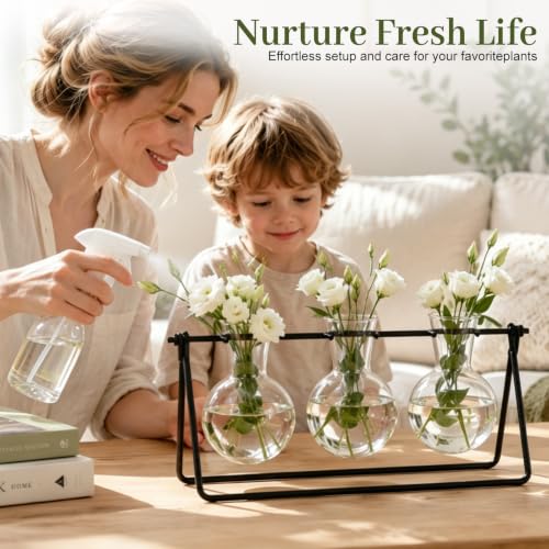Plant Terrarium with Metal Stand, 3 Bulb Glass Vase, Minimalist Plant Stand | Propagation Stations For Hydroponic Plant, Tabletop Indoor Room Office Home Desk Decor Gardening Gifts For Women, Plant Lover