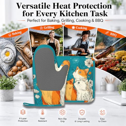 Cute Cat Kitten Oven Mitts and Pot Holders Sets Non-Slip Silicone Surface for BBQ Gloves,Kitchen,Cooking,Baking,Grilling - color: Cute Cat Kitten