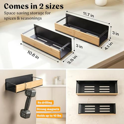 Square Glass Spice Jars (24 x 4oz) with Bamboo Lids + Magnetic Spice Rack for Refrigerator (Fits 12 Jars) + Bonus Slim Auxiliary Rack, 240 Labels, Shaker Inserts, Funnel - color: Bamboo Black Labels + Magnetic Rack