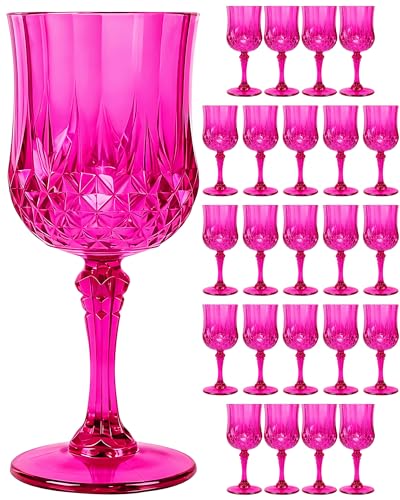 24PCS Hot Pink Plastic Wine Glasses 7oz Acrylic Goblets | Unbreakable Shatterproof, Reusable & Disposable, Vintage Drinking Glasses with Stem, for Wedding Outdoor Dinner Party - color: Hot Pink
