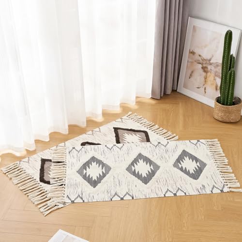 Boho Runner Rug, Washable Hallway Rug Runner Non Slip Rubber Backed, Kitchen Farmhouse Area Rug Floor Mat with Tassels, Tufted Woven Cotton Entryway Carpet (Grey, 2.3'x3.8') - color: Grey, size: 2'4" x 3'10" (Runner)