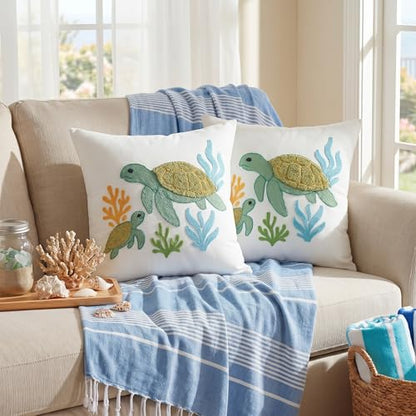 Moukeren 2 Pcs Summer Sea Turtle Throw Pillow Cover 18x18 Inch Green Turtle Embroidered Decorative Pillow Cases Beach Ocean Themed Square Cushion Cover for Sofa Couch Bedroom Decor Gift - style: Sea Turtle
