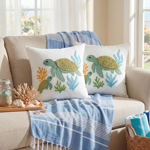 Moukeren 2 Pcs Summer Sea Turtle Throw Pillow Cover 18x18 Inch Green Turtle Embroidered Decorative Pillow Cases Beach Ocean Themed Square Cushion Cover for Sofa Couch Bedroom Decor Gift - style: Sea Turtle