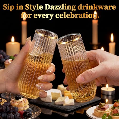 GuanQiao 12 Pack Stemless Plastic Champagne Flutes with Gold Rim, 9oz Ribbed Disposable Champagne Glasses. Heavy Duty Shatterproof Mimosa Glasses for Party, Wedding and New Years Eve Supplies - color: Gold Rim, size: 12-pack
