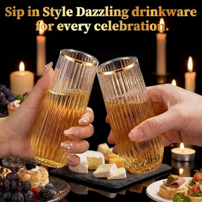 GuanQiao 24 Pack Stemless Plastic Champagne Flutes with Gold Rim, 9oz Ribbed Disposable Champagne Glasses. Heavy Duty Shatterproof Mimosa Glasses for Party, Wedding and New Years Eve Supplies - color: Gold Rim, size: 24-pack