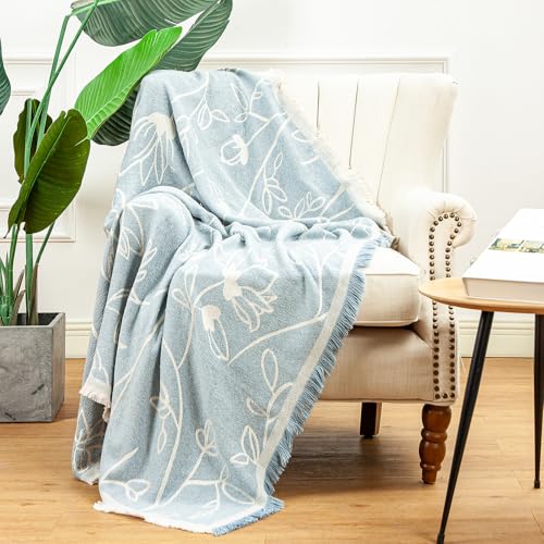 LALIFIT Boho Chic Decorative Throw Blanket Vintage Woodland Floral Bird Design with Tassels Soft Cotton Lightweight & Cozy for Home, Couch, Sofa, Farmhouse 50x60 Inches (Sky Blue) - color: Sky Blue