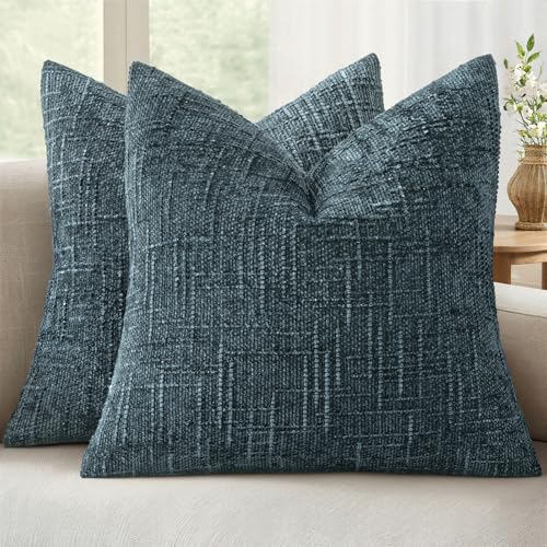 MIULEE Chenille Textured Throw Pillow Covers Blue 18x18 Set of 2 | Slubby Decorative Pillows, Boho Farmhouse Coastal Decor, Modern Neutral Cushion Covers for Couch Sofa Bed Living Room - color: Blue, size: 18" x 18" (Pack of 2)
