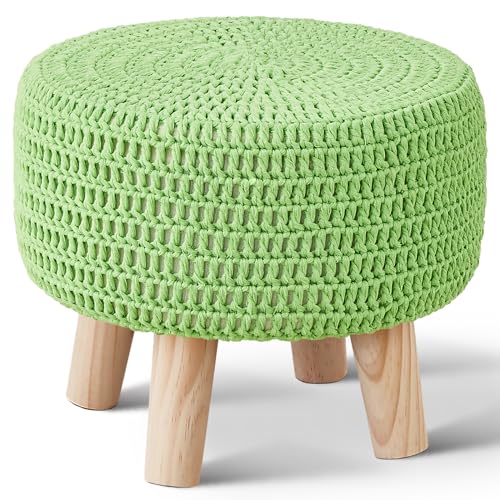 Wimarsbon Pouf Ottoman, 100% Cotton Knitted Boho Footstool, Round Footrest with Non-Skid Wood Legs, Home Décor Handmade Pouffe, Leisure Floor Step Stool for Living Room (Matcha) - color: Matcha