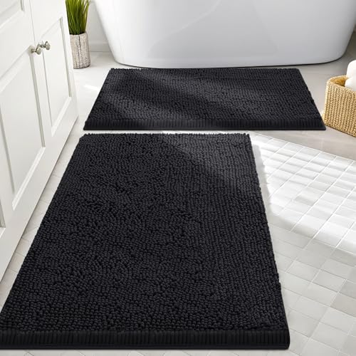 Smiry Chenille Bathroom Rugs Sets 2 Piece (30x20+24x16, Black) | Soft Absorbent Machine Washable Non Slip Shaggy Bath Rug Set for Tub, Shower, and Floor, Home Decor - color: Black, size: 30"X20"+24"X16"