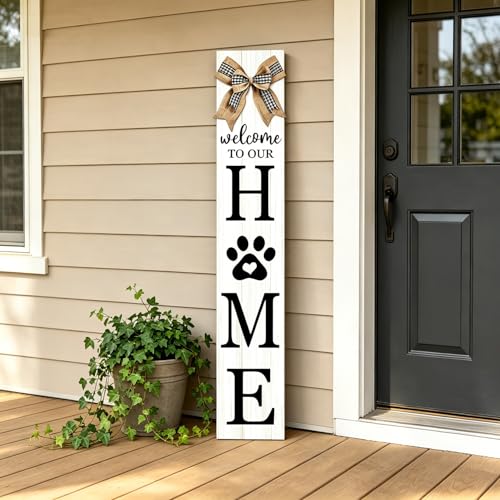 Foutcheou Welcome to Our Home Front Door Sign, 47"X8" Wood Rustic Outdoor Front Porch Standing Paw Print Decor Outside All Season Farmhouse for Vertical Yard Patio Entranc Hanging (White - color: Welcome to Our Home(White), size: 47"L x 8"W