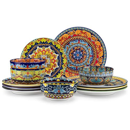 vancasso Plates and Bowls Sets,12-Piece Porcelain Dinnerware Set Service for 4, Bohemian Style Dishes Set for 4, Kitchen Dinner Set, Microwave and Dishwasher Safe, Scratch Resistant, Series KRVI - size: Service for 4 (12 Pcs)