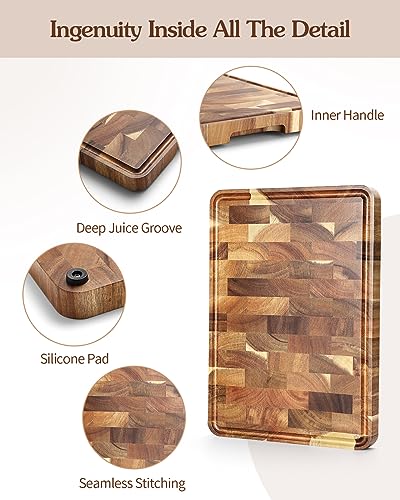XINZUO Acacia Wood End Grain Cutting Board (13.8''L x 9.8''W x 1''T)-Wooden Chopping Board with Non-Slip Feet, Side Handles and Juice Groove - size: 13.8"L x 9.8"W