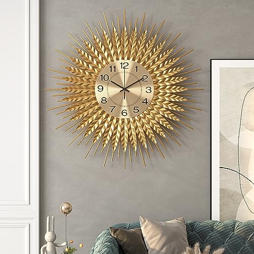 28 Inch Gold Large Wall Clock Decorative Metal Mid Century Wall Clocks, Modern Big Silent Non-Ticking Clock, Modern Handmade Home Art Decor for Living Room, Bedroom, Dining Room - size: 2. Gold-Wheat 28In(70cm)