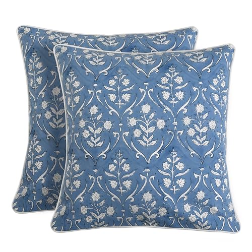 Block Print Cornflower Blue Pillow Cover 18" x 18" (Pack of 2) Decorative Couch Pillows for Living Room, Chic Boho Cute Outdoor Pillows Covers Gifts for Spring, Easter and Valentine - color: Cornflower Blue, size: 18" x 18" (Pack of 2)