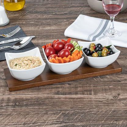 Restaurantware-15 Ounce Bowl Set with Tray - 1 Dishwashable Serving Set, Includes 3 Porcelain Bowls And 1 Bamboo Tray, Durable, White Porcelain And Bamboo Bowl And Platter Kit, Reusable, Freezable - size: Triple set, style: Cocktail