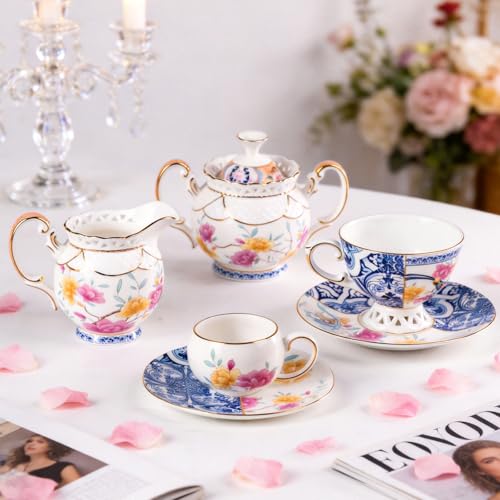 KAMMAK Tea Cups and Saucers Set of 2, Fine Bone China Coffee Cups, GH015 | Stackable Espresso Mugs, Ceramic Demitasse for Coffee, Cappuccino, Latte, Americano, Tea - size: 8KPGH015