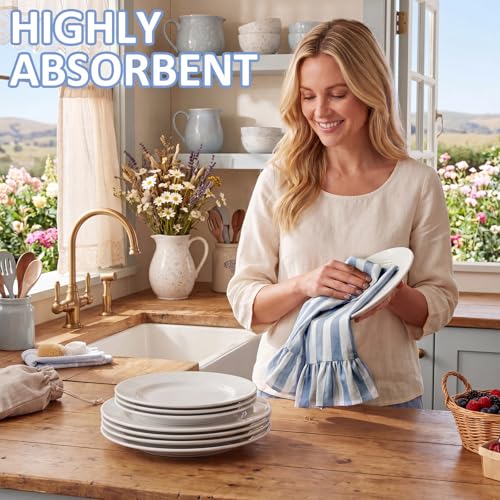 Blue Striped Kitchen Towels Set of 2, 100% Cotton Ruffled Striped Dish Towels 18"x31" Absorbent Tea Cloths Classic Pattern for Farmhouse Charm, Drying Dishes, Entertaining Guests - color: Blue